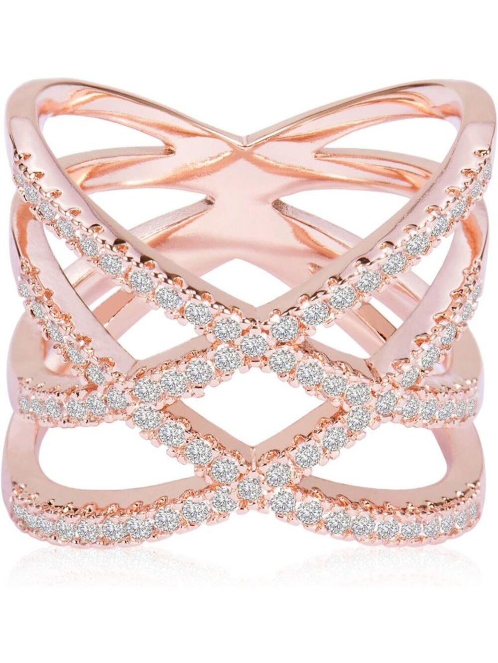 Rose Gold Double Criss Cross Ring with Cubic Zirconia | Pave Crossover Fashion